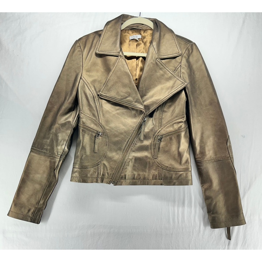 Cache Metallic Bronze Leather Moto Jacket Asymmetrical Zip Biker Coat Womens M